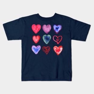 Dark Multi colored watercolor hearts Kids T-Shirt